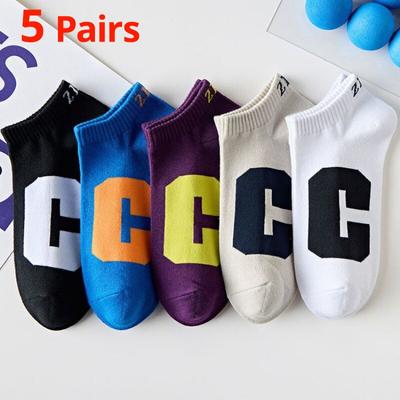 5 Paar Sommersocken für Herren, dünn, sportlich, atmungsaktiv und bequem, mit Buchstaben-Bootssocken, modisch, schweißabsorbierend, kurze Socken