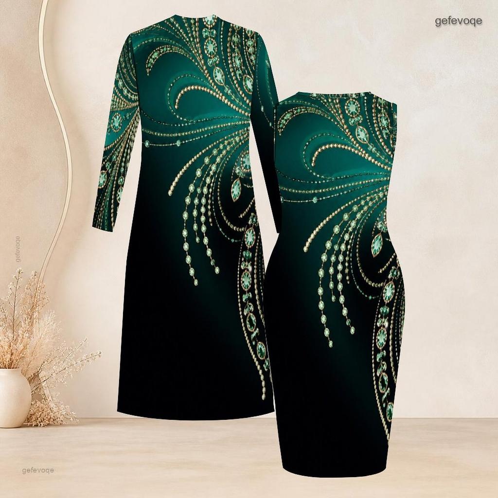 Women Plus Size Two Piece Set Long Sleeve Open Front Cardigan Round Neck Sleeveless Bodycon Dress Black Gold Printed