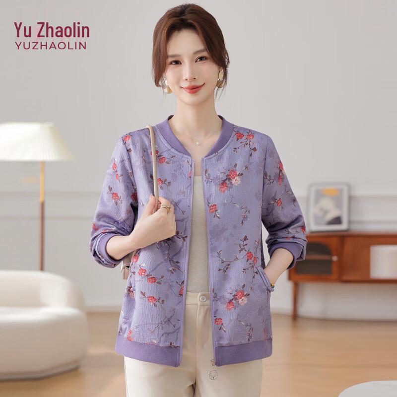 YUZHAOLIN Women s Floral Print Baseball Collar Spring Jacket 4XL