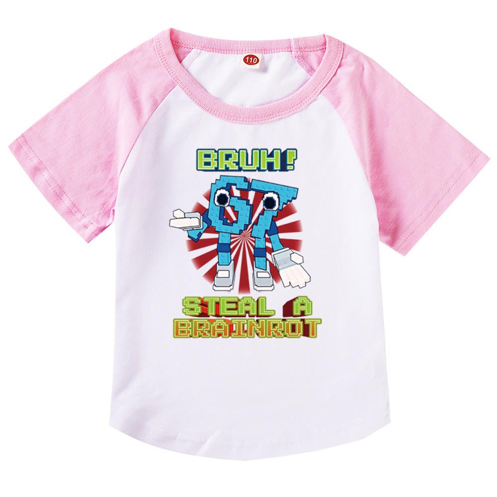9192 Kids Girls Steal a Brainrot 67 Six Seven Print Raglan Short Sleeves Cotton T-Shirt