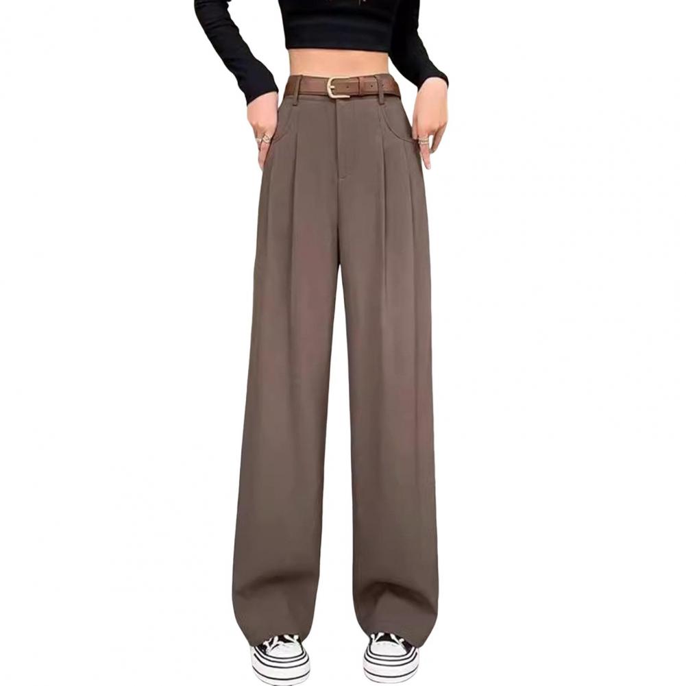 Women Long Pants Button Zipper Fly High Waist Office Lady Trousers with Pockets Solid Color Straight Wide Leg Suit Pants