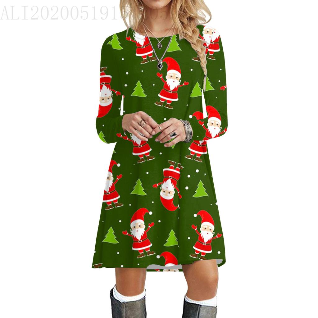 Red Christmas Party Dresses For Women 2023 Winter X-Mas Snowman Print A-Line Dress Casual Cute Long Sleeve Loose Oversize Dress