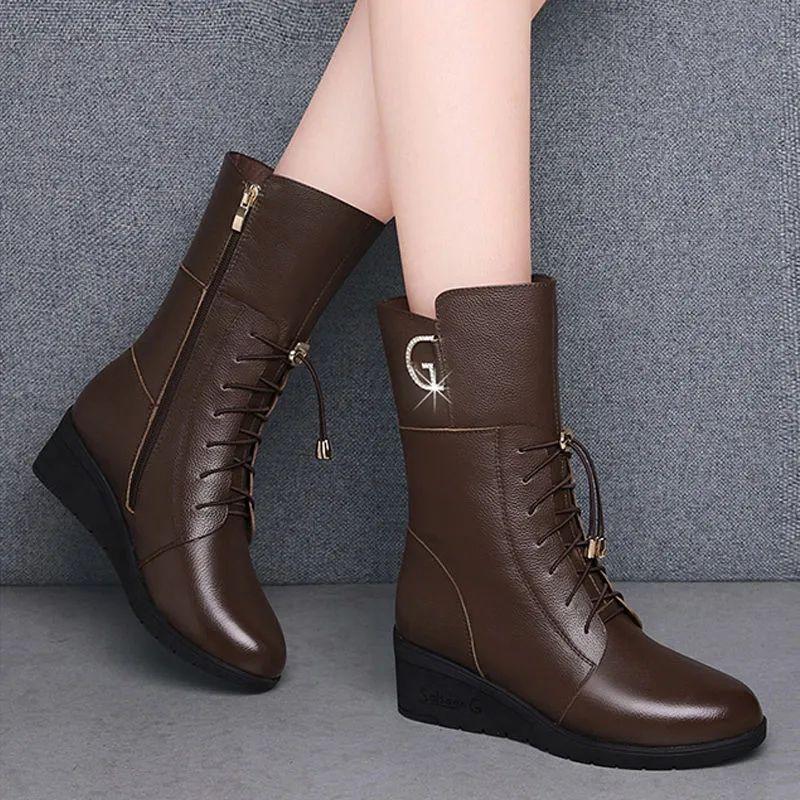 High quality real soft leather medium boots women's soft sole heightened four-season wedge heel leather boots mother cotton boots