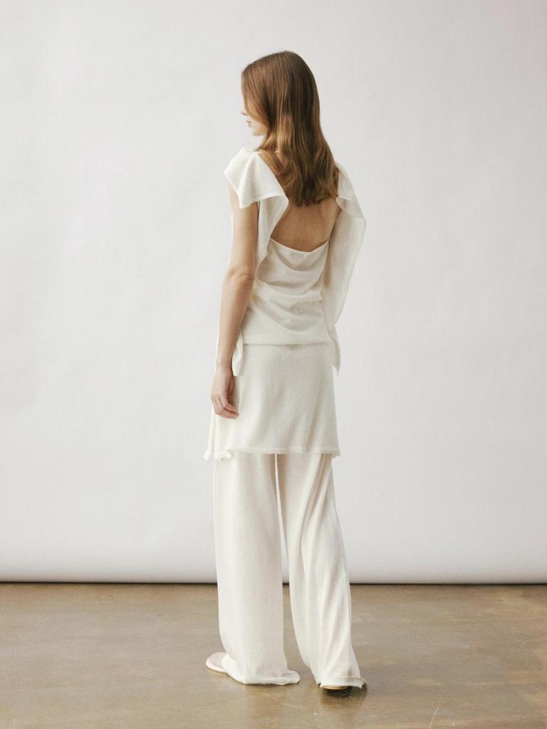Longmei Women's Knit Wide-Leg Fake Two-Piece Elastic Waist Pants - Spring/Summer 2026 Minimalist Style Straight-Leg Trousers