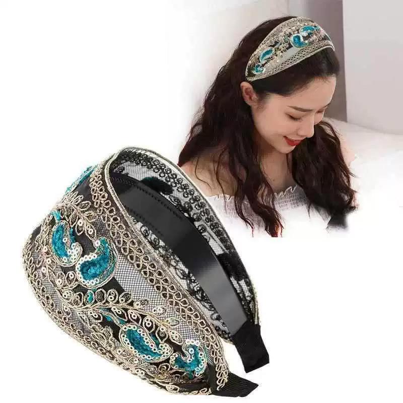 1PC Hollow Lace Flowers for Women Girls Sequins Bezel Headdress Wide Edge Fashion Headband Hair Hoop with Tooth