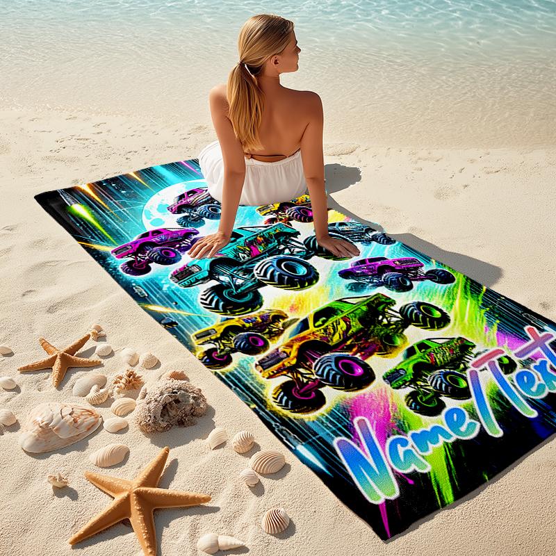 1PC Custom Name Monster Truck Showdown Beach Towel Highly Absorbent And Sand-Resistant Towel for Swimming, Pool, Yoga, And Travel Lightweight