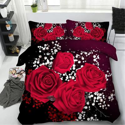 3D Ölrote Rose Bettwäsche-Sets 100% Baumwolle King Queen Size Rote Rose Bettbezug-Sets, Queen/Full Size mit 2 Kissenbezügen