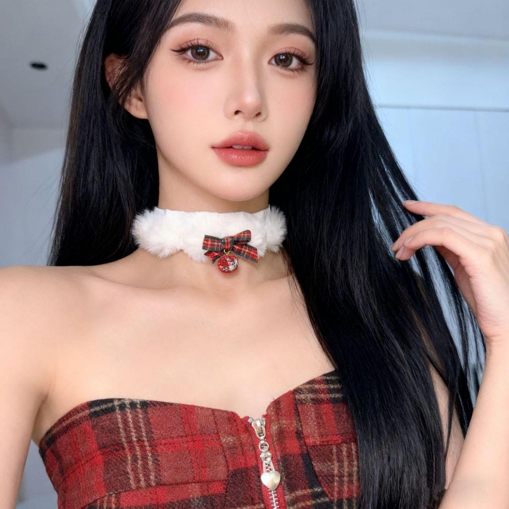 Plaid Bow Pom-pom Choker Necklace - Christmas Ornament Style