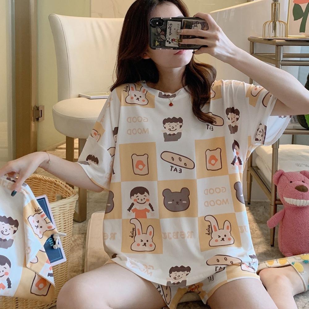 Summer Women's Sleepwear Short Sleeved Shorts Set Thin Loose Fit Suitable for Outerwear Home Wear Cute Sweet Camisole Sleepwear