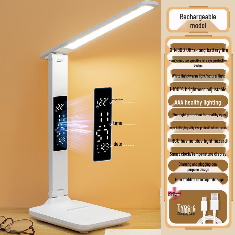 Rechargeable LED Desk Lamp: Eye-Protecting, Foldable, Three-Color Dimming for Students and Bedside Use