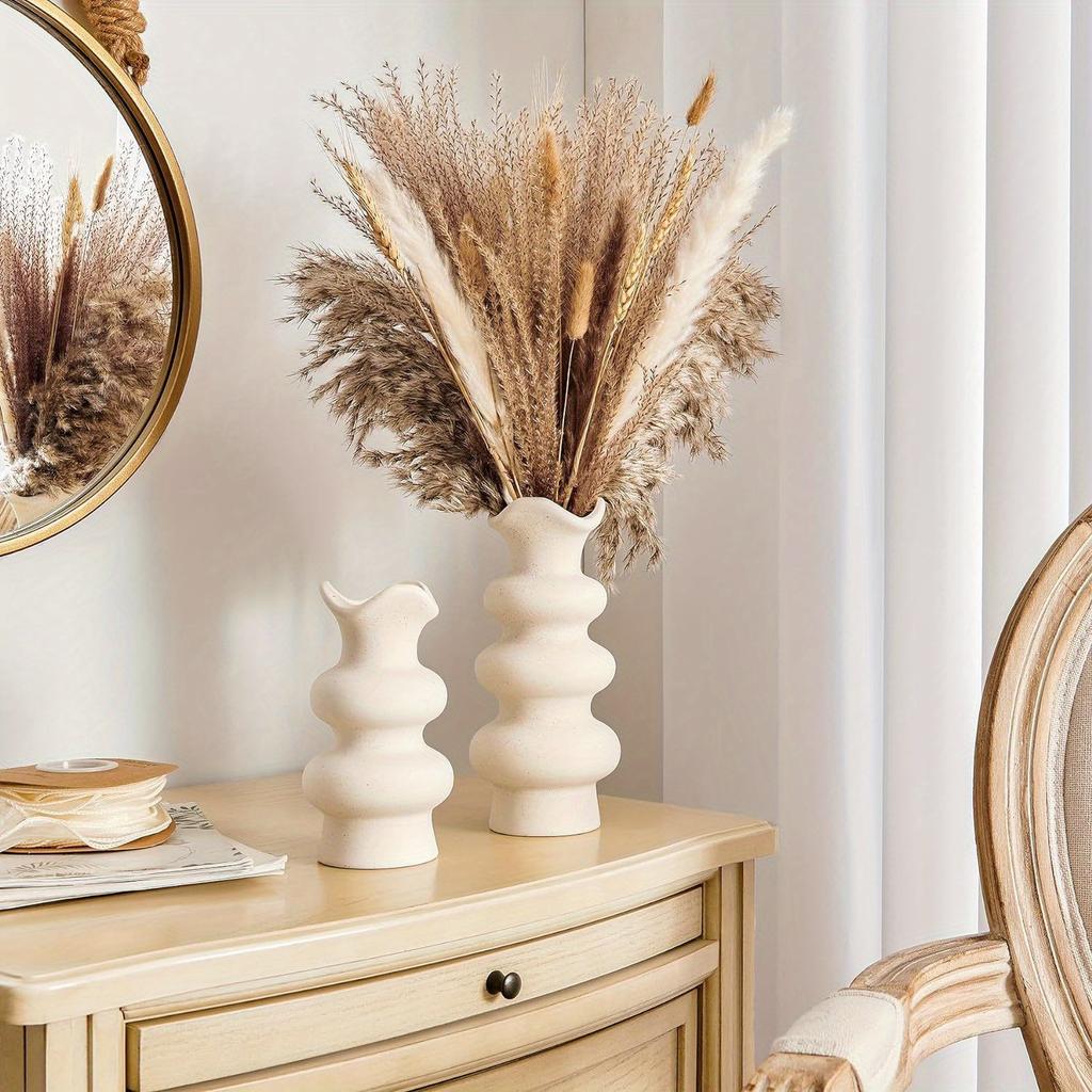 2pcs Modern Decorative White Ceramic Vases for Home Decor, Abstract Minimalist Vase for Pampas Grass, Boho Flower Vase, Aesthetic Cream Vase