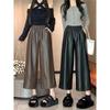 2024 Autumn/Winter Women's Casual Retro PU Leather Wide-Leg Pants - Petite Straight/Cropped Style