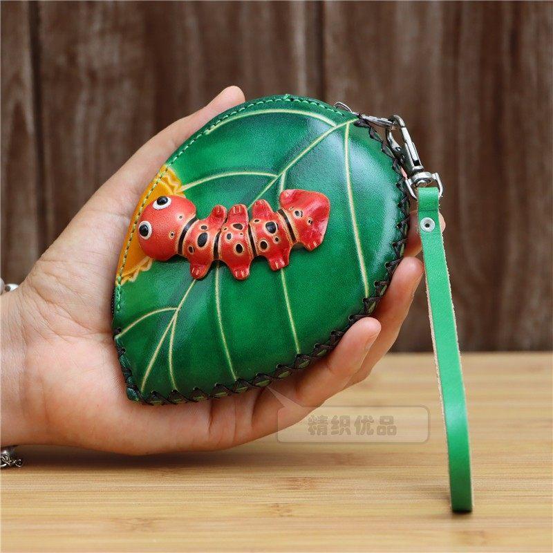

First Layer Cowhide Tree Leaves Caterpillar Change Bag Creative Mini Cowhide Card Key Bag Clutch Bag Clutch Bag зелёный