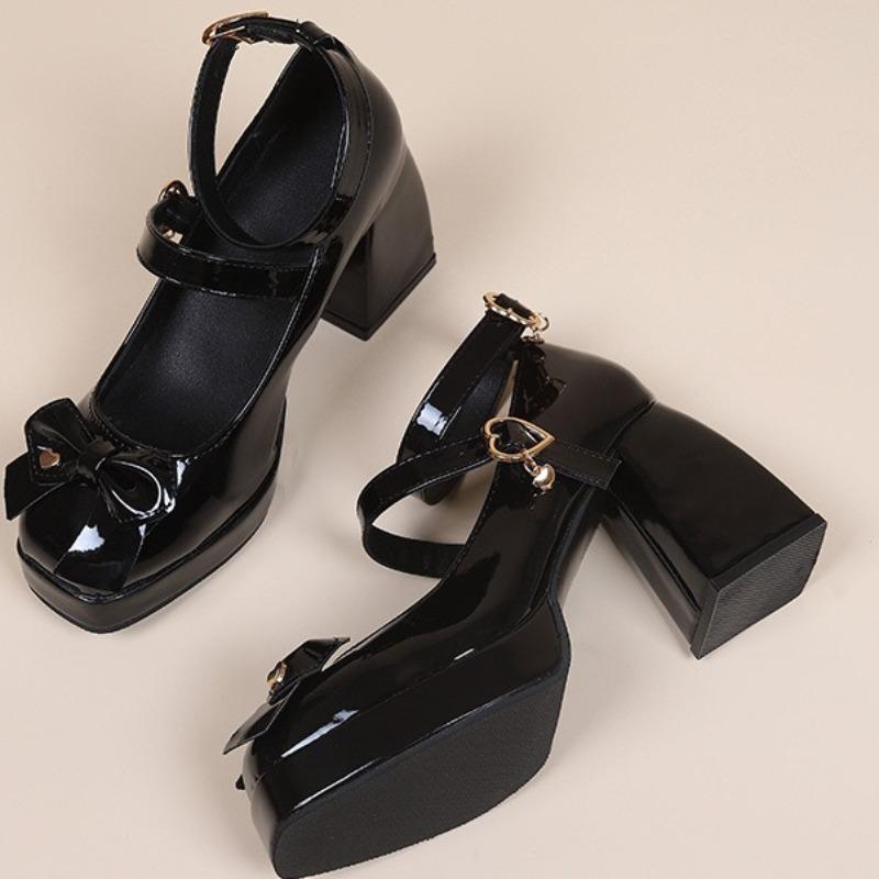 Fashion Women Gothic Lolita Mary Jane Pumps Black Chunky High Heel Platform Shoes Female Punk Heart Buckle Cosplay Shoes