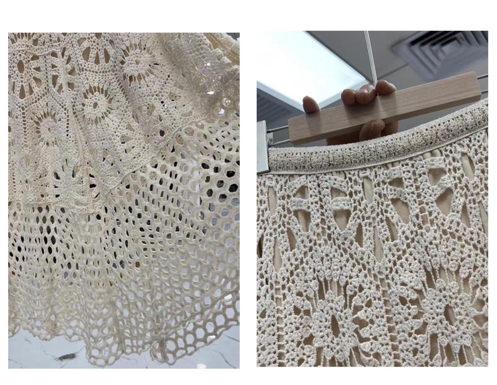 Hochtaillierter A-Linien-Midirock aus französischer Spitze mit Häkeldetail