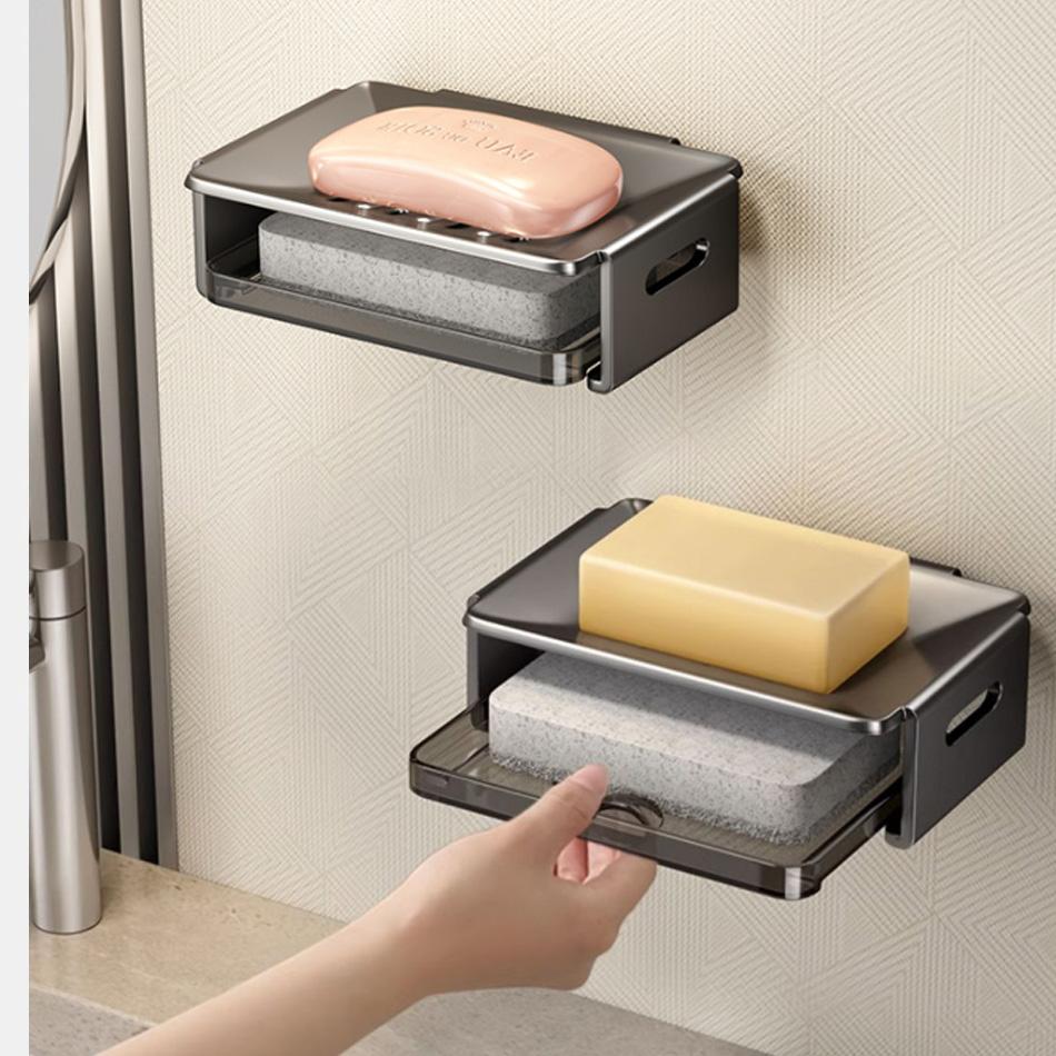 Bathroom Soap Box Adhesive White Grey Aluminum Wall Mounted Washroom Lavatory Kitchen Hand Wash Shower Soap Dish Holder Rack