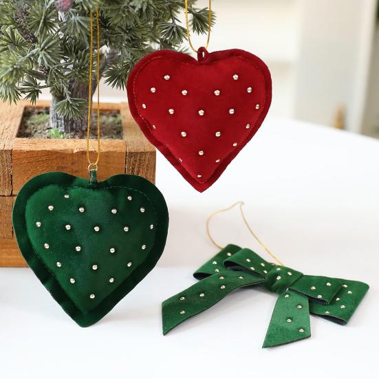 Velvet Christmas Tree Ornaments Rhinestones Heart Bow Shape Hanging Decor for Xmas Tree Window