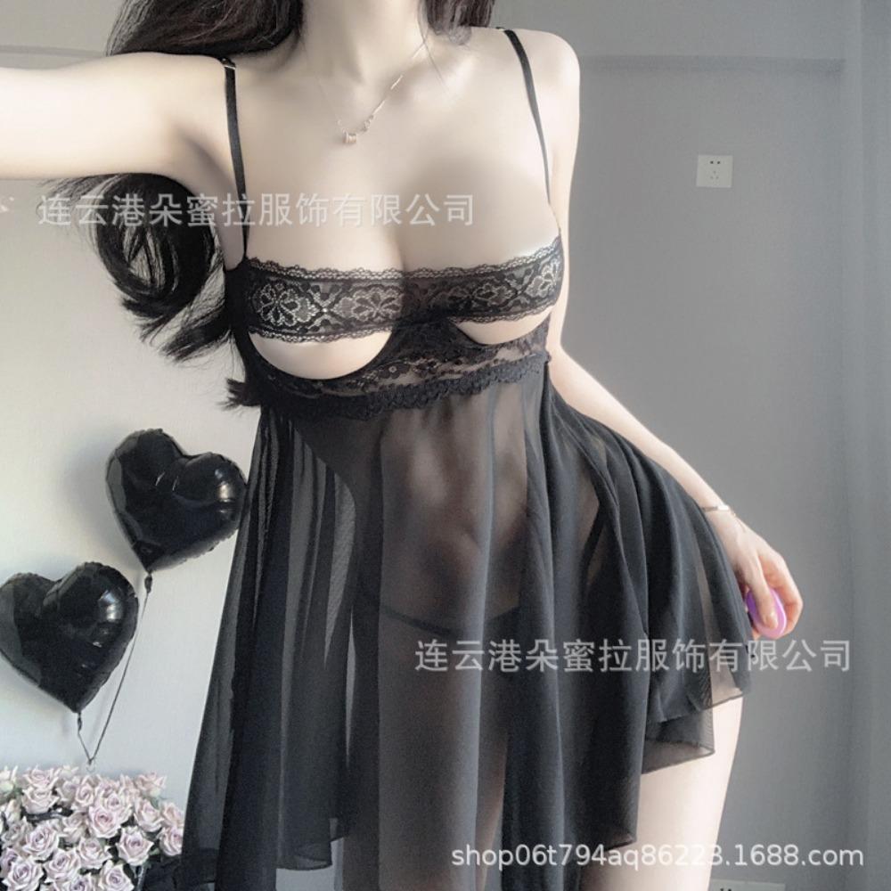 Sexy Sexy Lingerie Sexy Perspective Mesh Lace Pajamas Passion Temptation Hollow Free Open Uniform Nightgown