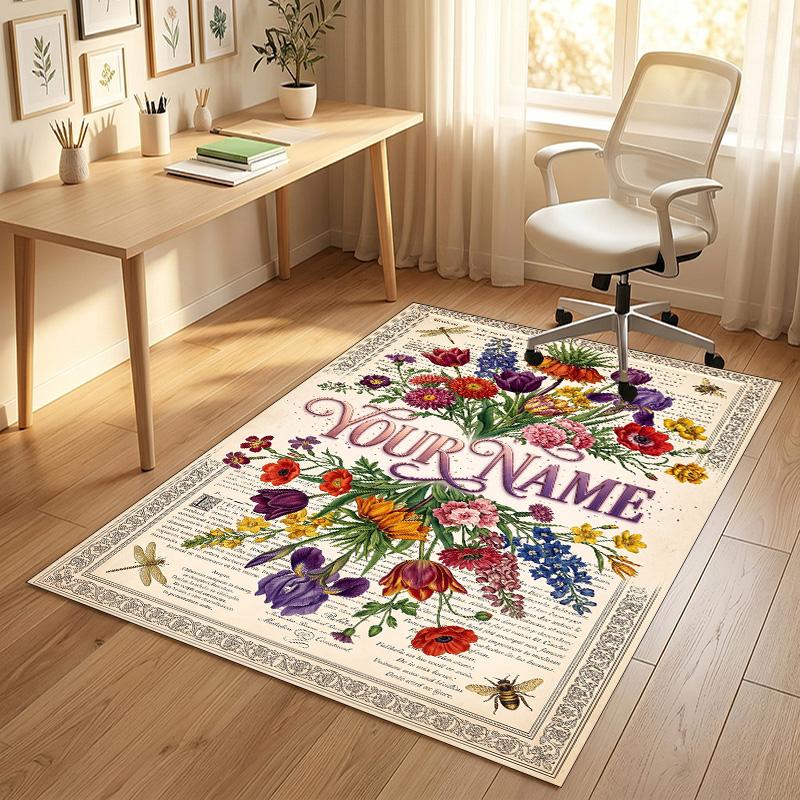 Floral Artwork Theme Soft Crystal Velvet Rug Custom Name & Text Print Non Slip Floor Rug for Bedroom Living Room