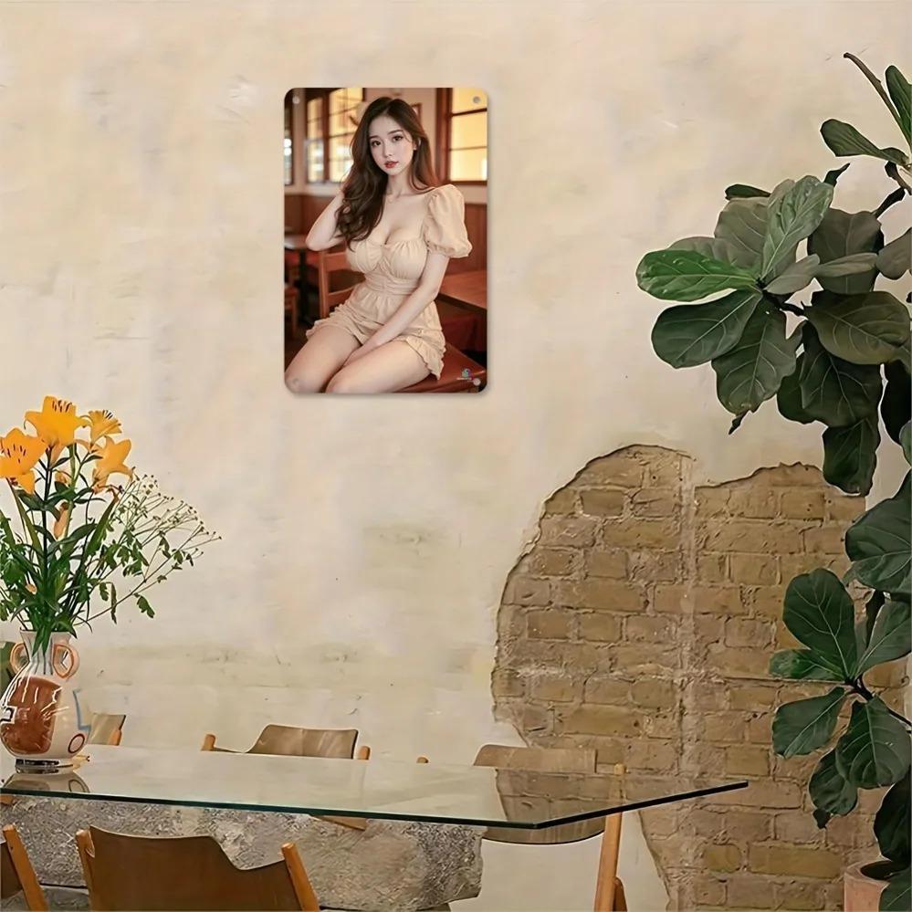 Vintage Metal Wall Art 8x12 Inch Elegant Lady White Dress Brown Hat Home Decor