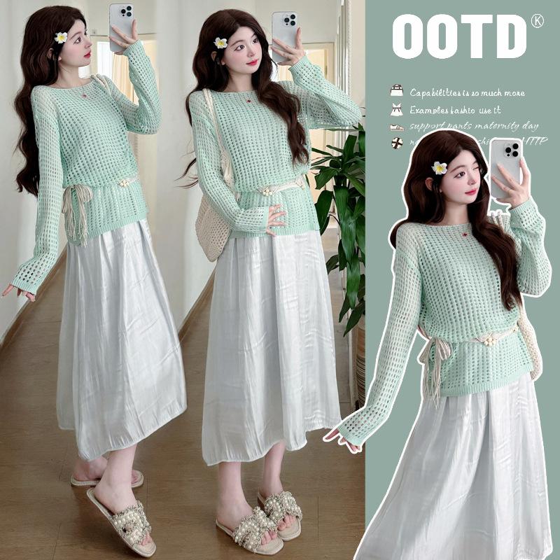 Korean Spring 2026 Maternity Dress: Hollow-Out Mid-Length Cover-Up L
