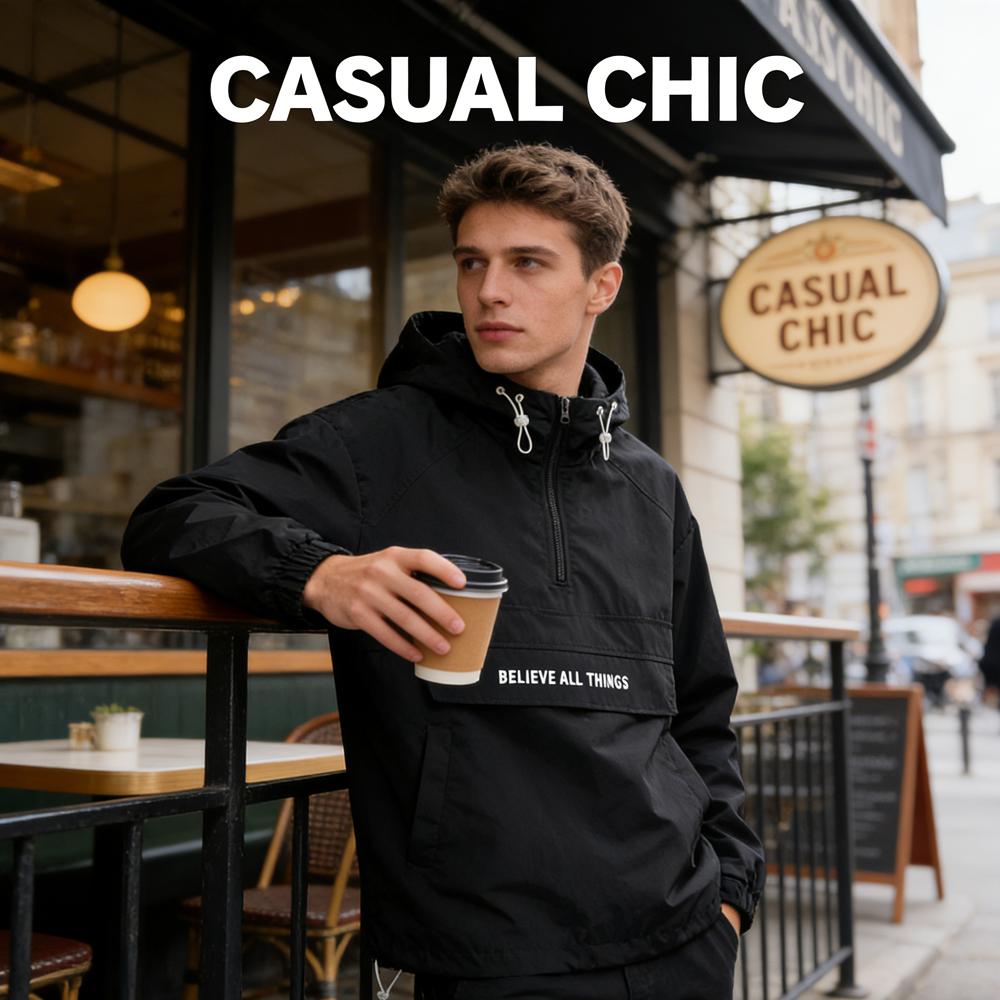 Spring Autumn Mens Anorak Jackets Fashion Man Half Zip Streetwear Hip Hop Hooded Coats Men Loose Windbreaker Waterproof Jackets