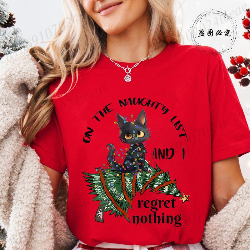 Funny Christmas Cat Women TShirt Xmas Cat Graphic TShirts Tops Short Sleeve Tees Casual Harajuku Street Tshirt Female Clothing