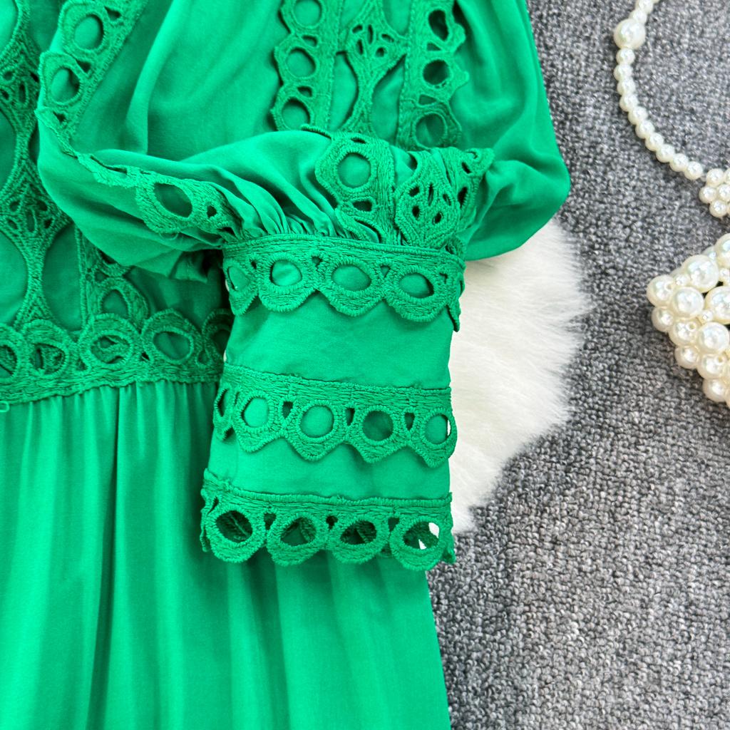 Court Style Elegant Dresses for Women Crochet Lace Hollow Out O-neck Lantern Sleeve Female Vestidos A-line Belted Dress Dropship