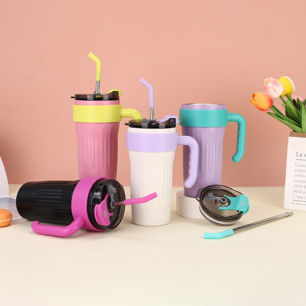 New Dopamine Handle Cup Double-layer Vacuum Large-capacity Straw Thermos Cup Outdoor Portable Car Ice Cup