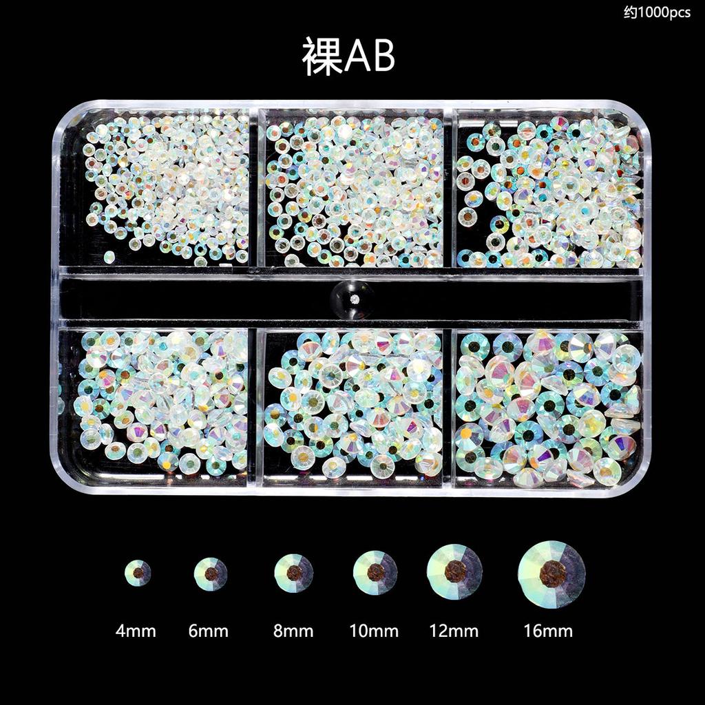Nail Art Diamond 6 Grid Glass Flat Bottom Round Diamond Crystal Transparent Ab Mixed Color Large And Small Mixed Decoration