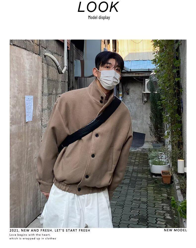 Men's High-End Woolen Stand-Collar Jacket - Korean & British Style Trend for Autumn/Spring