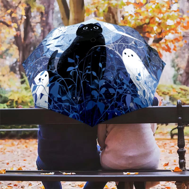 Night Cat  pattern, automatic folding umbrella, portable and foldable design, 8 ribs, a Christmas or birthday gift.