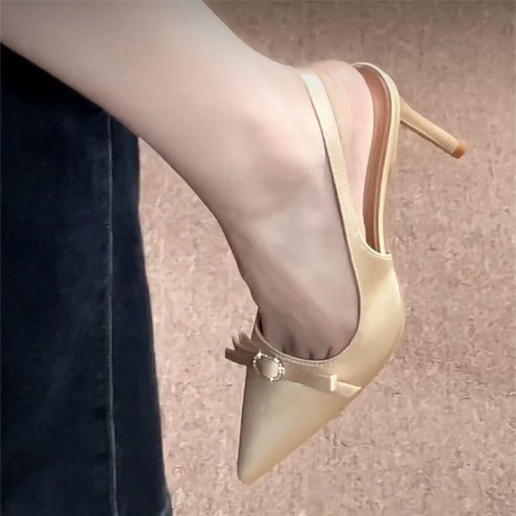 2025 New Pointed Bow French Bag Head Sandals Temperament Beautiful Single Shoes Champagne High Heels Women's Stiletto