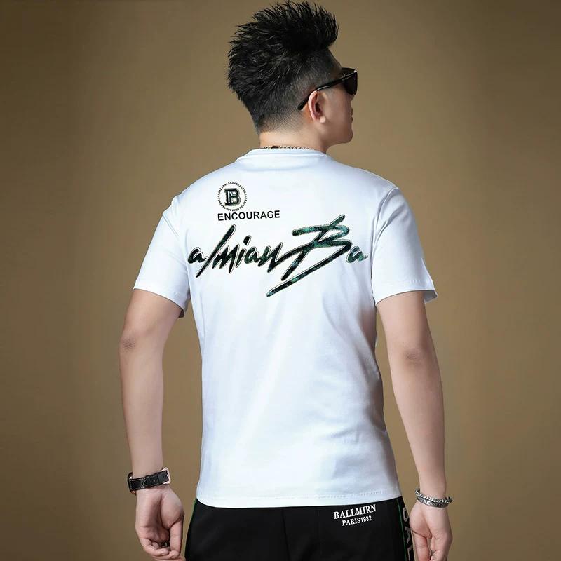 European Style 2025 Summer Light Luxury Mercerized Cotton Rhinestone Printed Short-Sleeve T-Shirt for Men, Thin and Breathable Slim-Fit Top