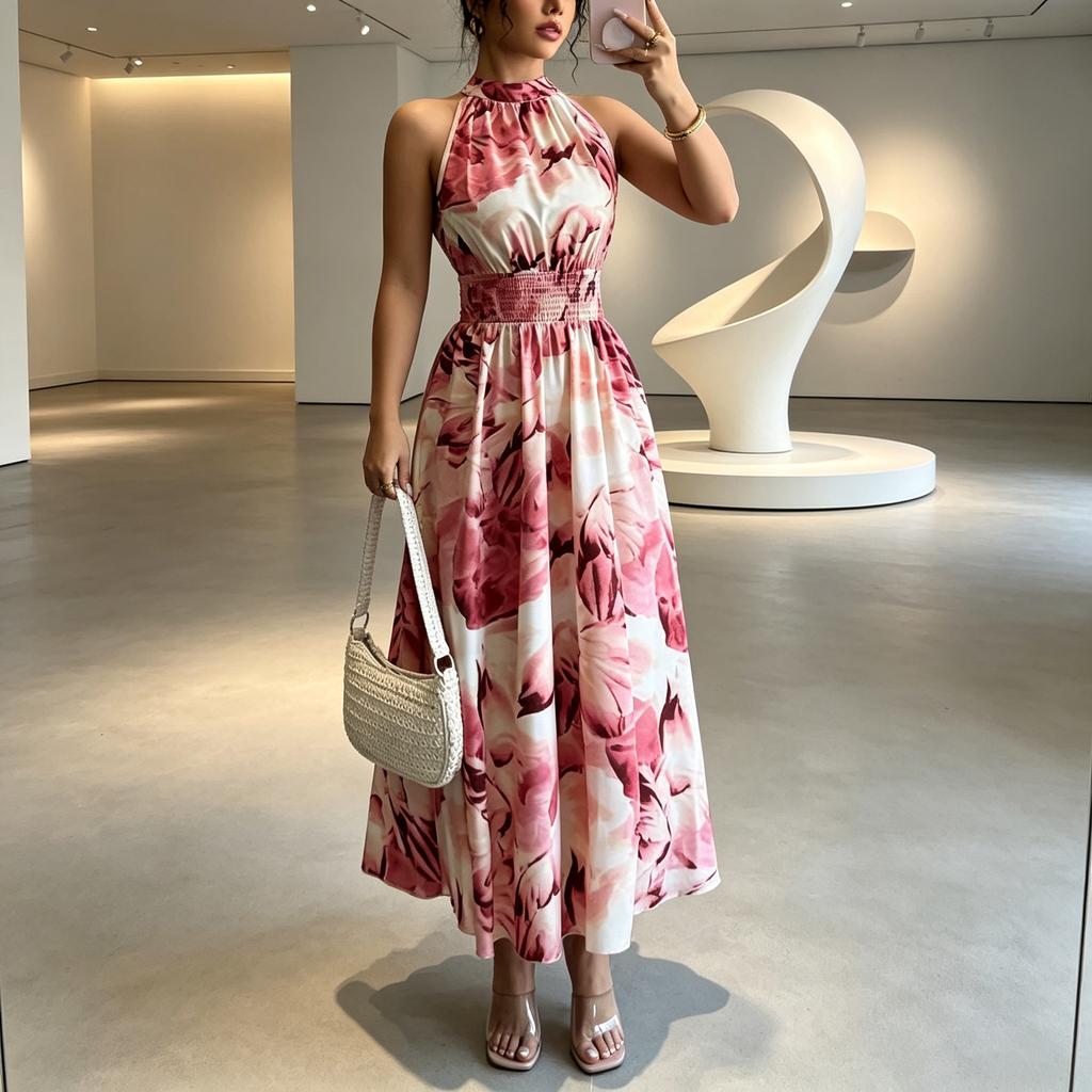 European and American women's 2026 summer halter waist-cinching sleeveless ruffle dress