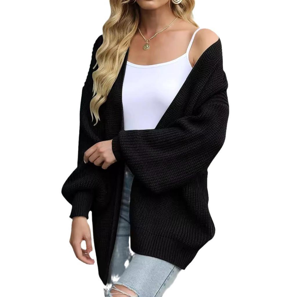 Autumn and Winter New Lantern Sleeve Sweater Women's Coat Coarse Yarn Pocket Sweater
