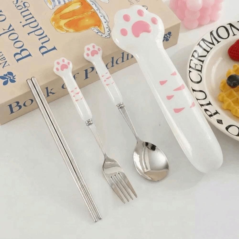 Cute Cat Paw Cutlery Set Portable Fork Spoon Set Meal Accessories Boxed Tableware  Tourism