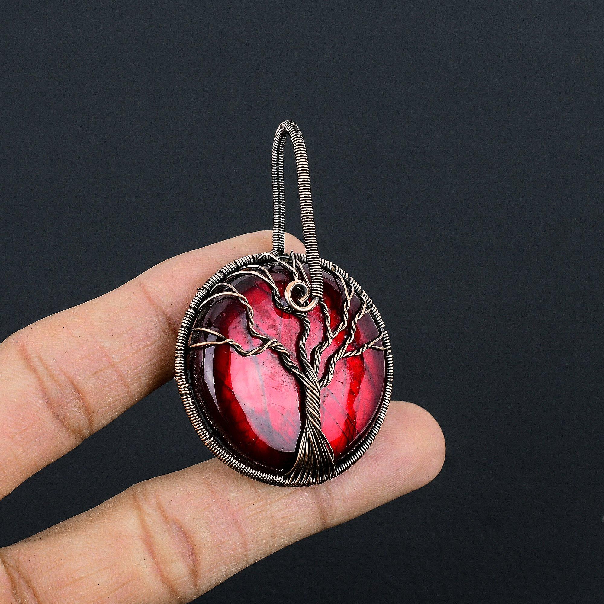 

Подвеска Древо Жизни из Лабрадорита с Красной Вспышкой, Ювелирное изделие, обернутое медной проволокой 999 пробы, Подвеска с драгоценным камнем, Ювелирное изделие ручной работы, Свадебный подарок 2.55 Inches