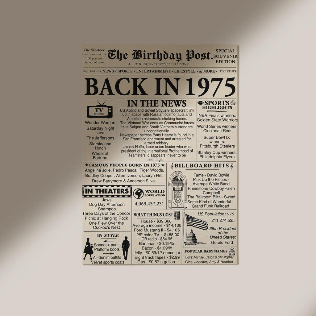 Stuff4 51st Birthday Poster Unframed - Born In 1975 Newspaper - Happy 51 Birthday for Men Women Retro Vintage Gifts Back In 1975, 8x10 Inch Bday