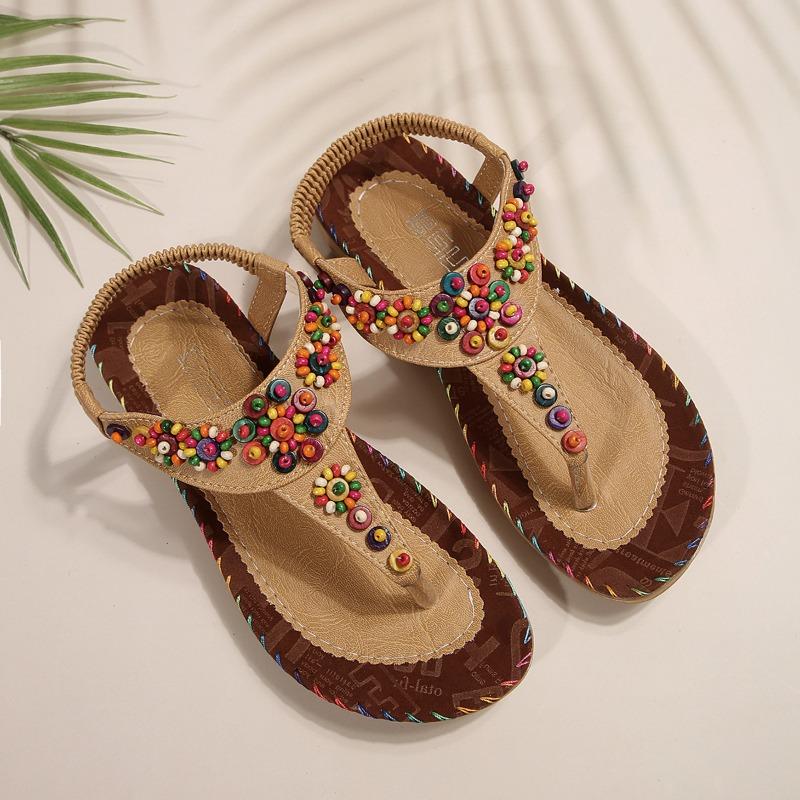 Sandals women's summer new women's shoes summer bohemian pinch flat sandals women's beaded beach shoes women