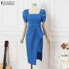 ZANZEA Women Casual Square Collar Summer Short Sleeve Elegant Dress