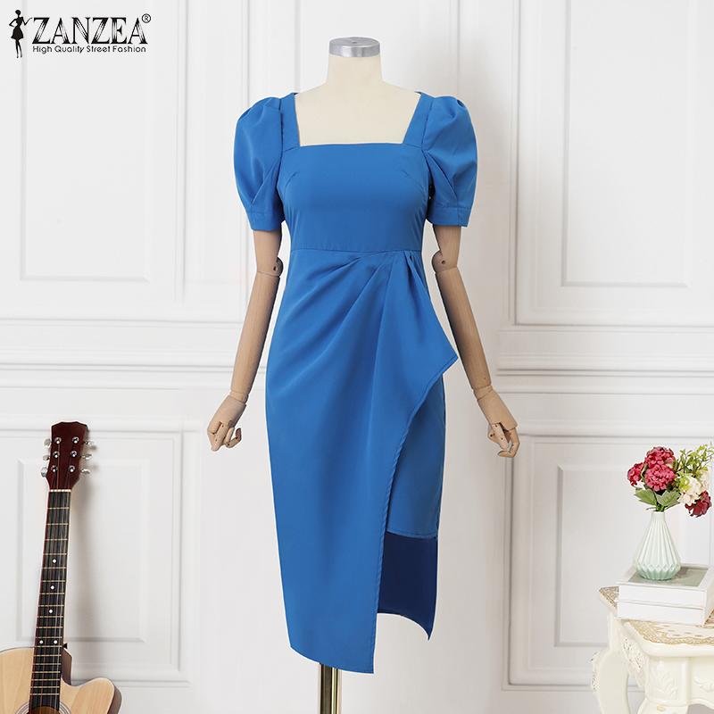 ZANZEA Women Casual Square Collar Summer Short Sleeve Elegant Dress
