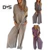 Women's Cotton-Linen Two Piece Outfit Long Sleeve Lapel Button Down Top Matching Wide Leg Pants Casual Loungewear Set
