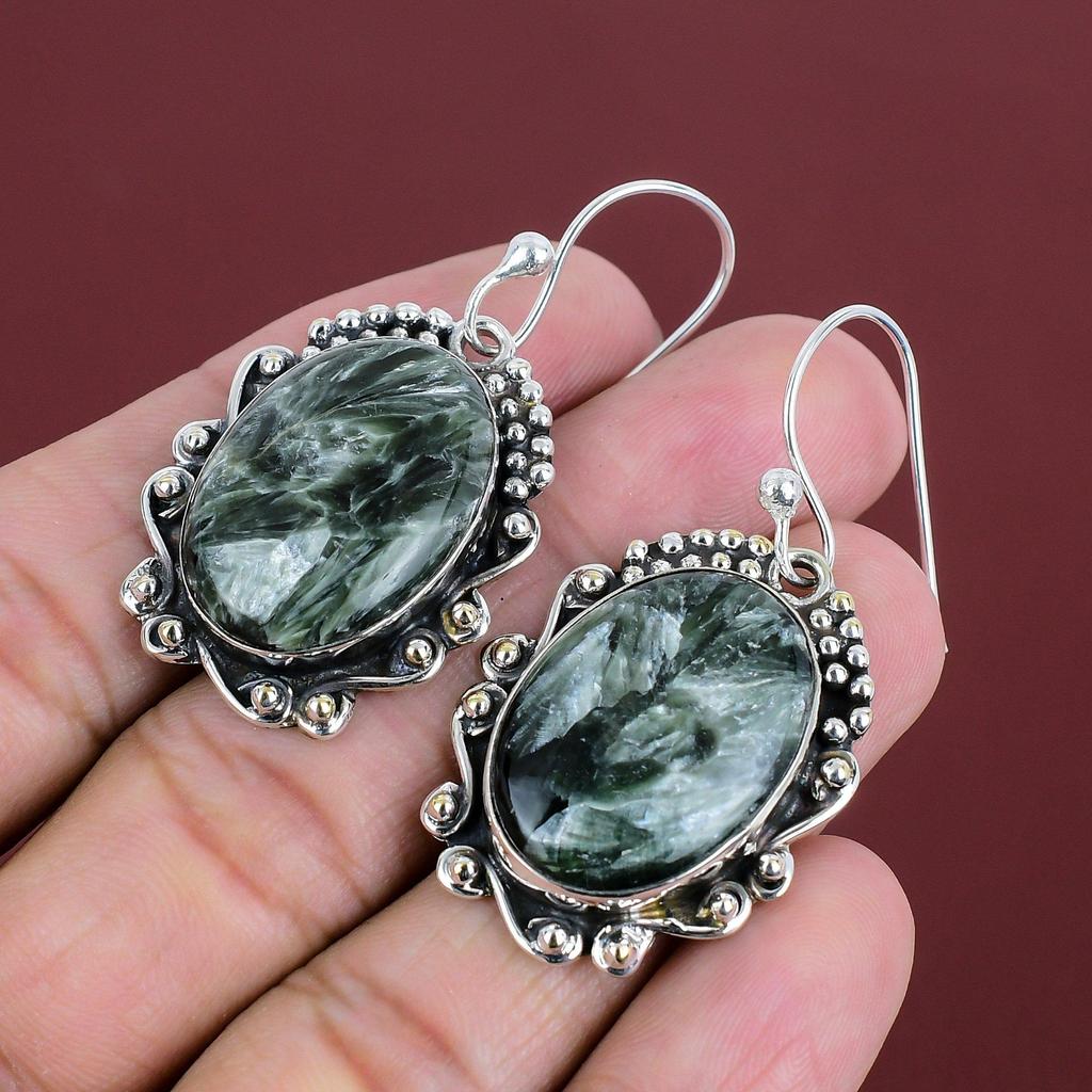 Seraphinite Earrings Gemstone Earring 925 Sterling Silver Earring Handmade Earring Natural Seraphinite Jewelry Gifts For Wife Dainty Earring