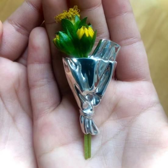 Bouquet Brooch Lightweight Alloy Vase Silhouette Insert Real/Dried Flowers Wearable Art Pin Polished Metal Finish Badge
