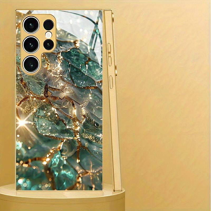 Luxus goldgrünes Glas Handyhülle geeignet für Samsung Galaxy S26 S25 S24 S23 S22 S20 FE/Ultra/Plus sturzsichere Rückabdeckung