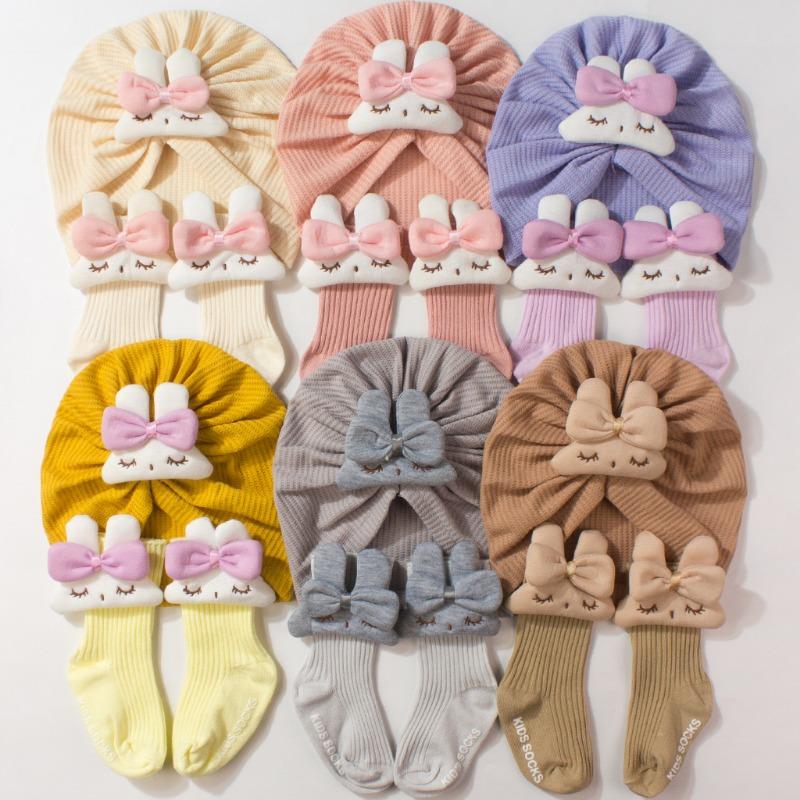 New children's hat set, cute solid color bunny baby stockings, soft hat sock cover