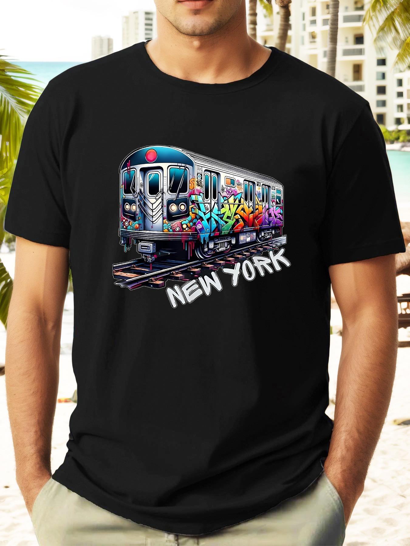New York Subway Graffiti Graphic T-shirt - Summer Casual Short Sleeve Tee with Vibrant Urban Street Art Design M