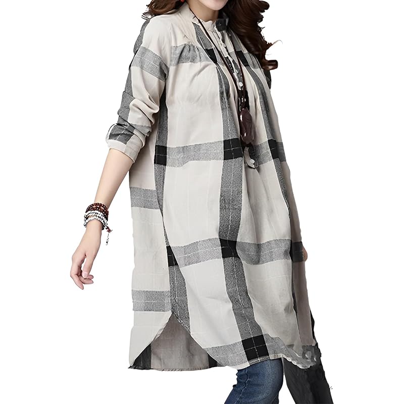 

[BLANK BLANC] blouse long sleeve Dress slimmer Thin shirt ladies leg lengthening effect Beautiful spring tunic check Feeling of familiarity trend