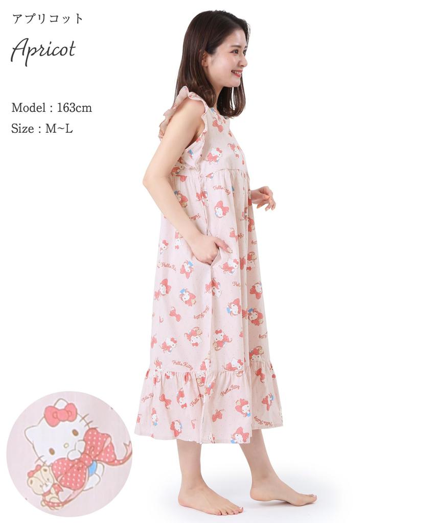Hello Kitty Nattkjole Poplin Bomull Pyjamas Romklær Loungewear Sløyfe Hello Kitty [SAZAC] Ett stykke 100% Dame Knappelukking